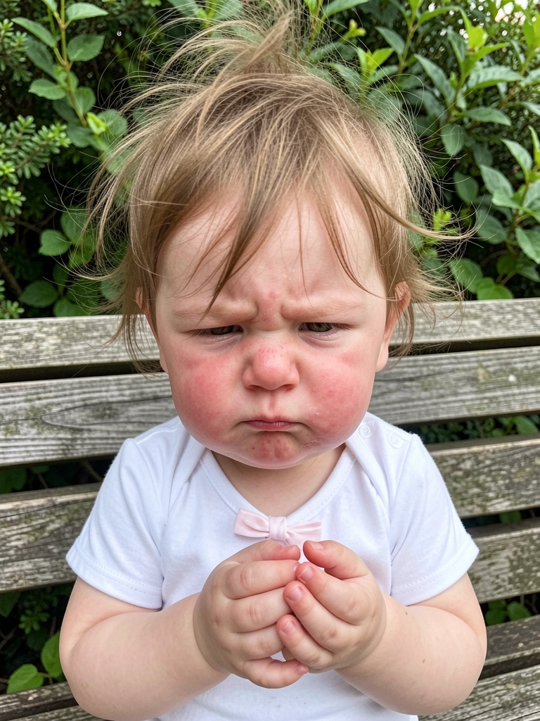 Bebê com cabelo bagunçado e expressão irritada.