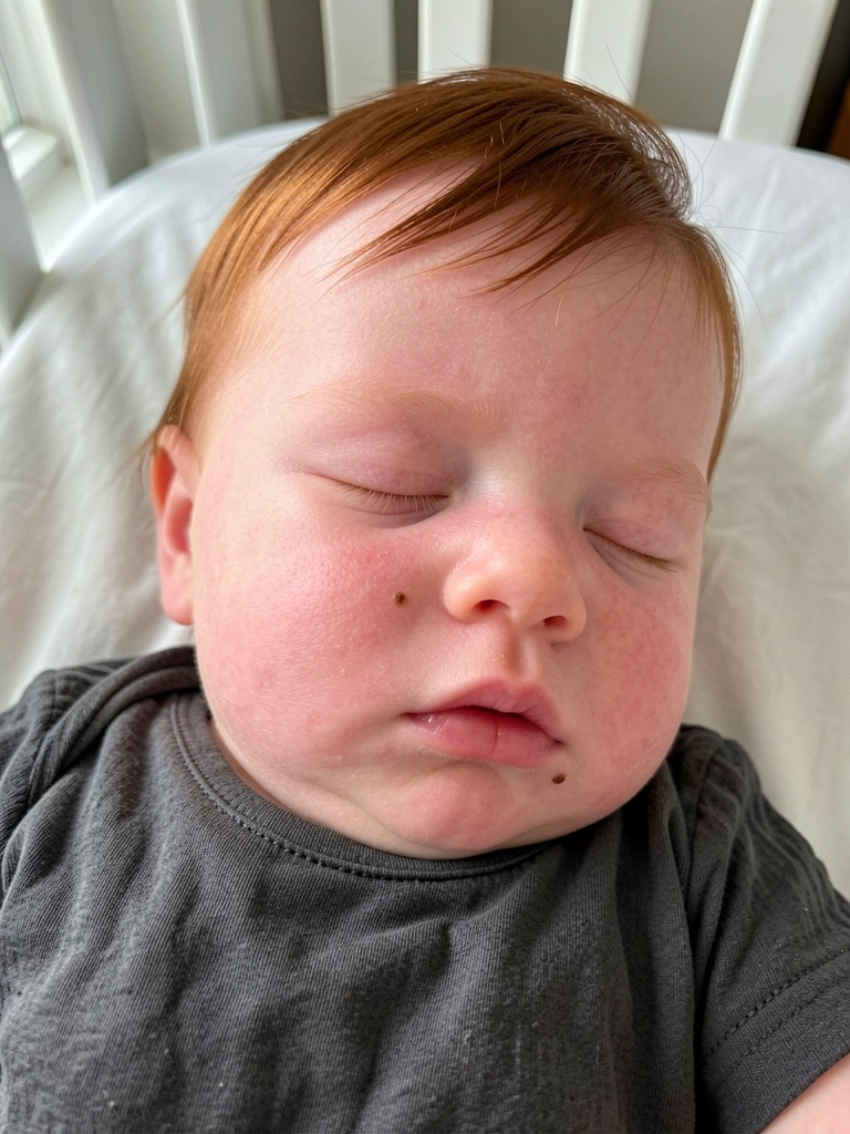Bebê dormindo de lado em berço de madeira, com lençol claro e luz suave.