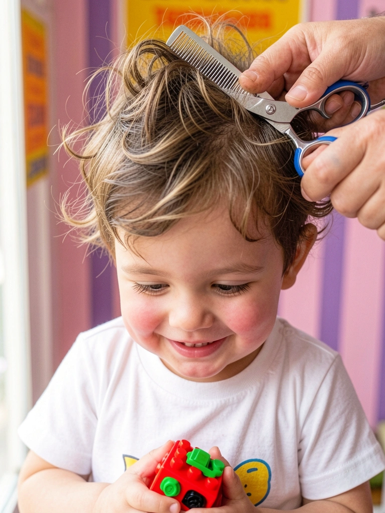 Mãos de adulto segurando tesoura infantil cortando cabelo fino de um bebê.
