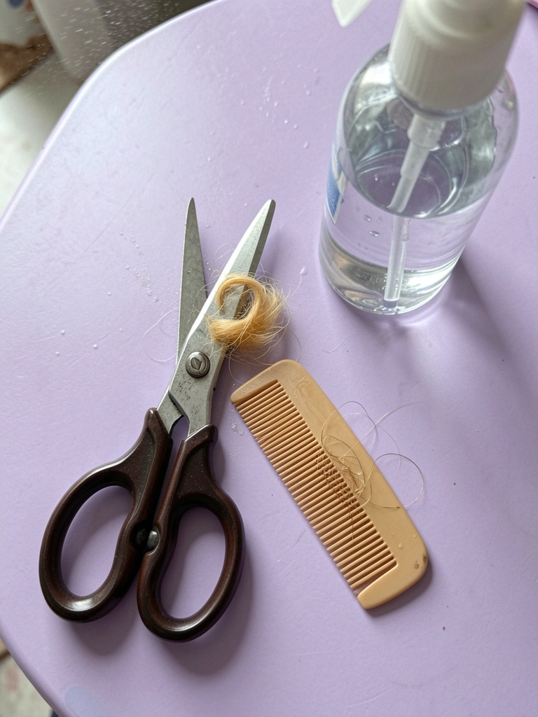 Tesoura, pente e borrifador sobre uma mesa, formando um kit de corte infantil.