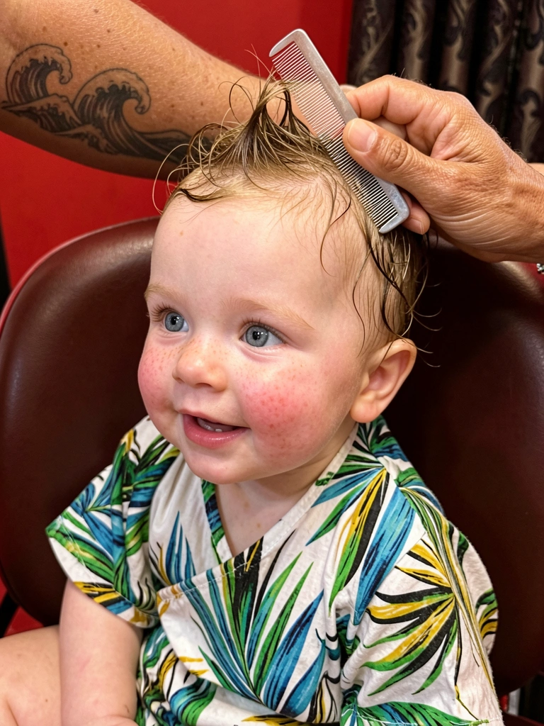 Pente fino desembaraçando cabelo molhado de um bebê.