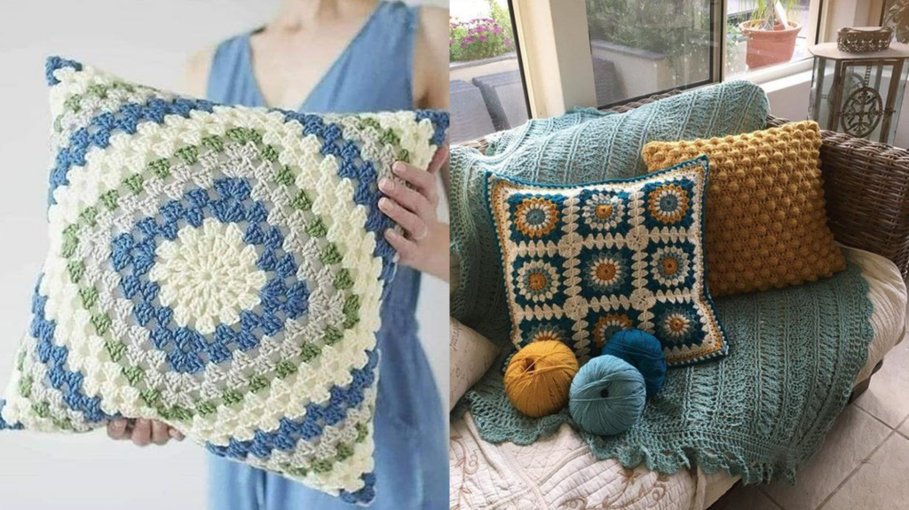 almofada de crochê colorida boho