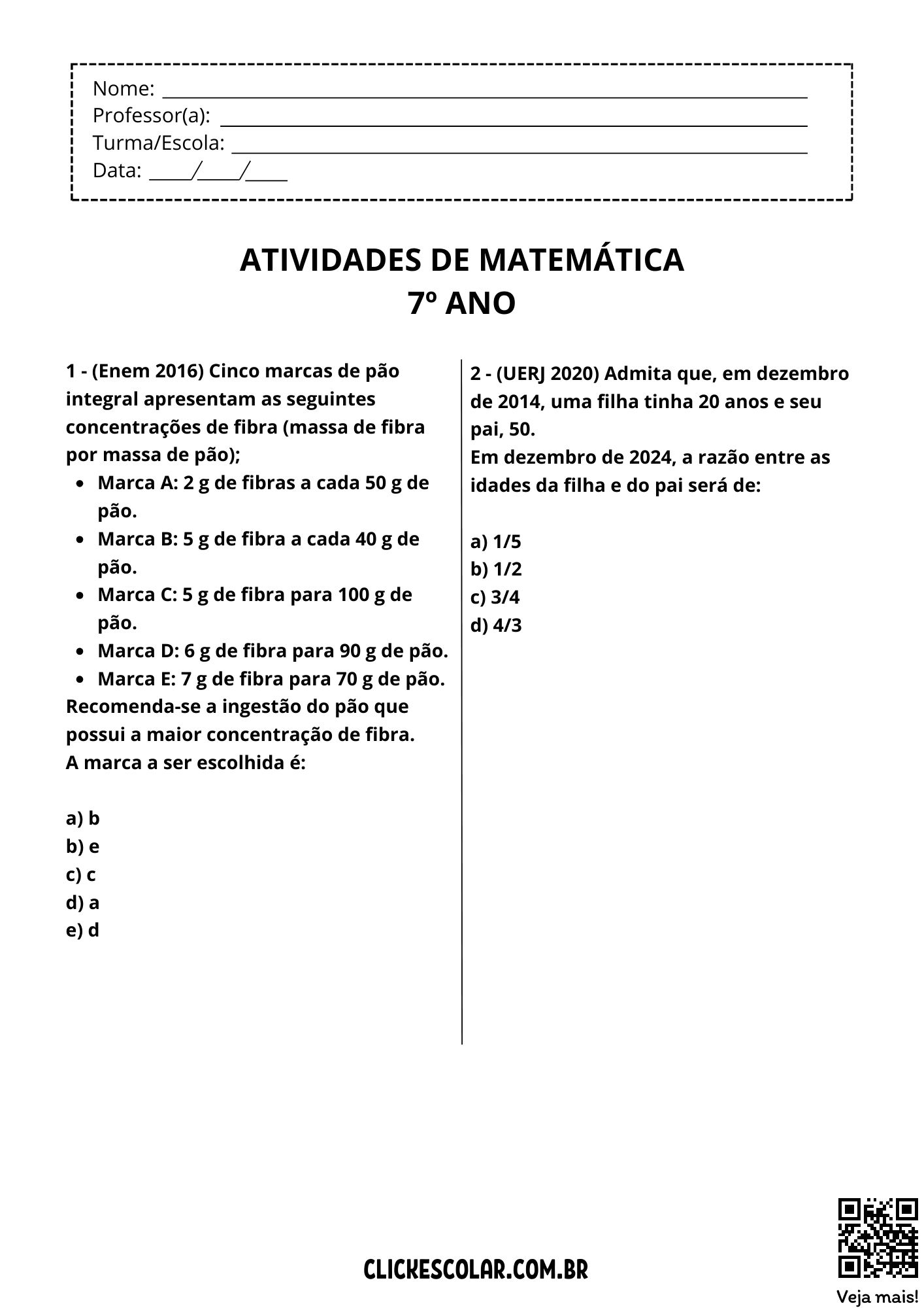 exercícios de matemática 7 ano com resposta