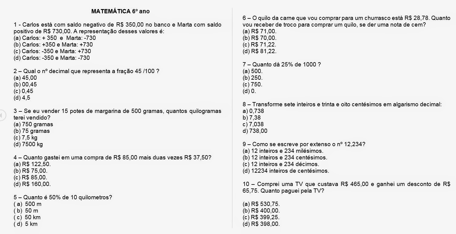 atividades de matemática 7 ano para imprimir pdf