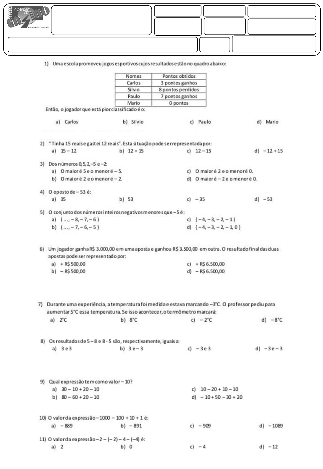 álgebra 7 ano exercícios