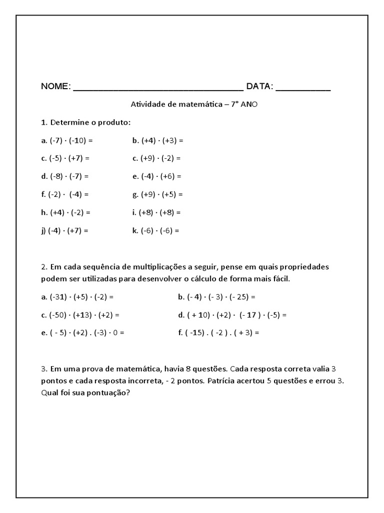 álgebra 7 ano exercícios