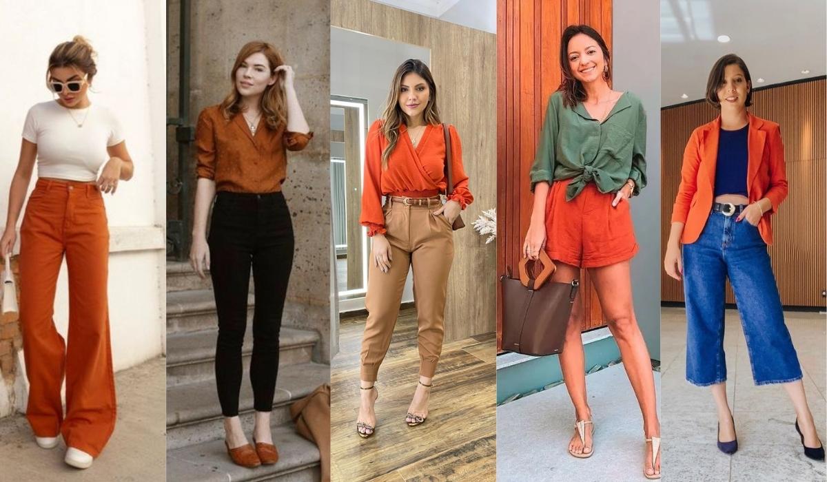 blusa terracota com calça bege