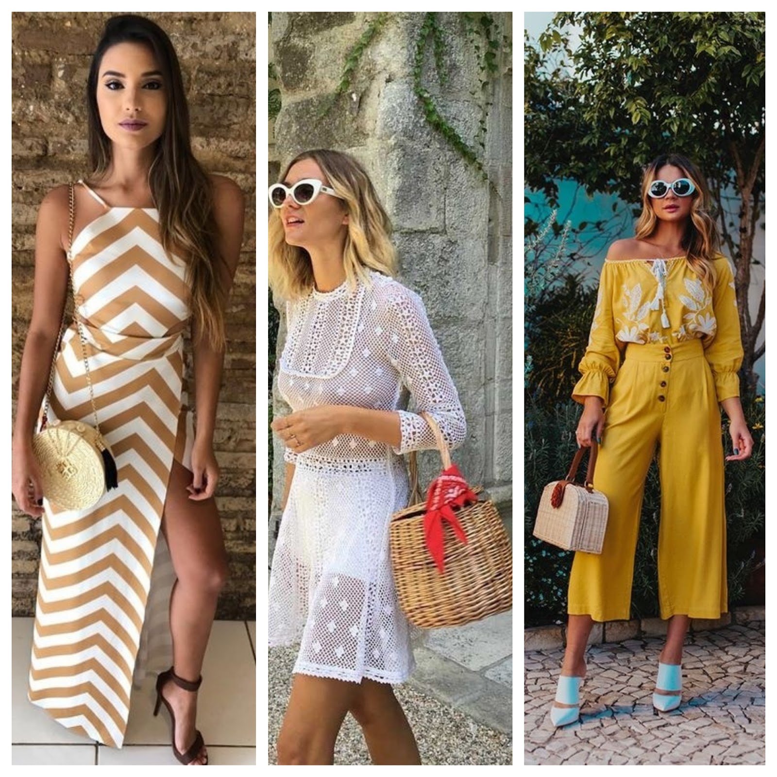 looks com bolsa de palha pequena