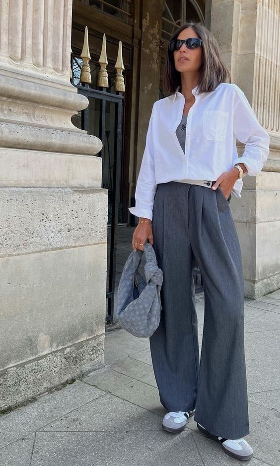 calça cinza wide leg