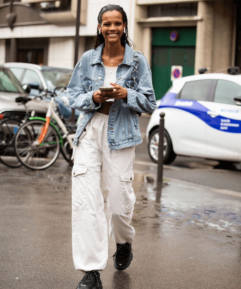calça cargo preta jeans wide leg