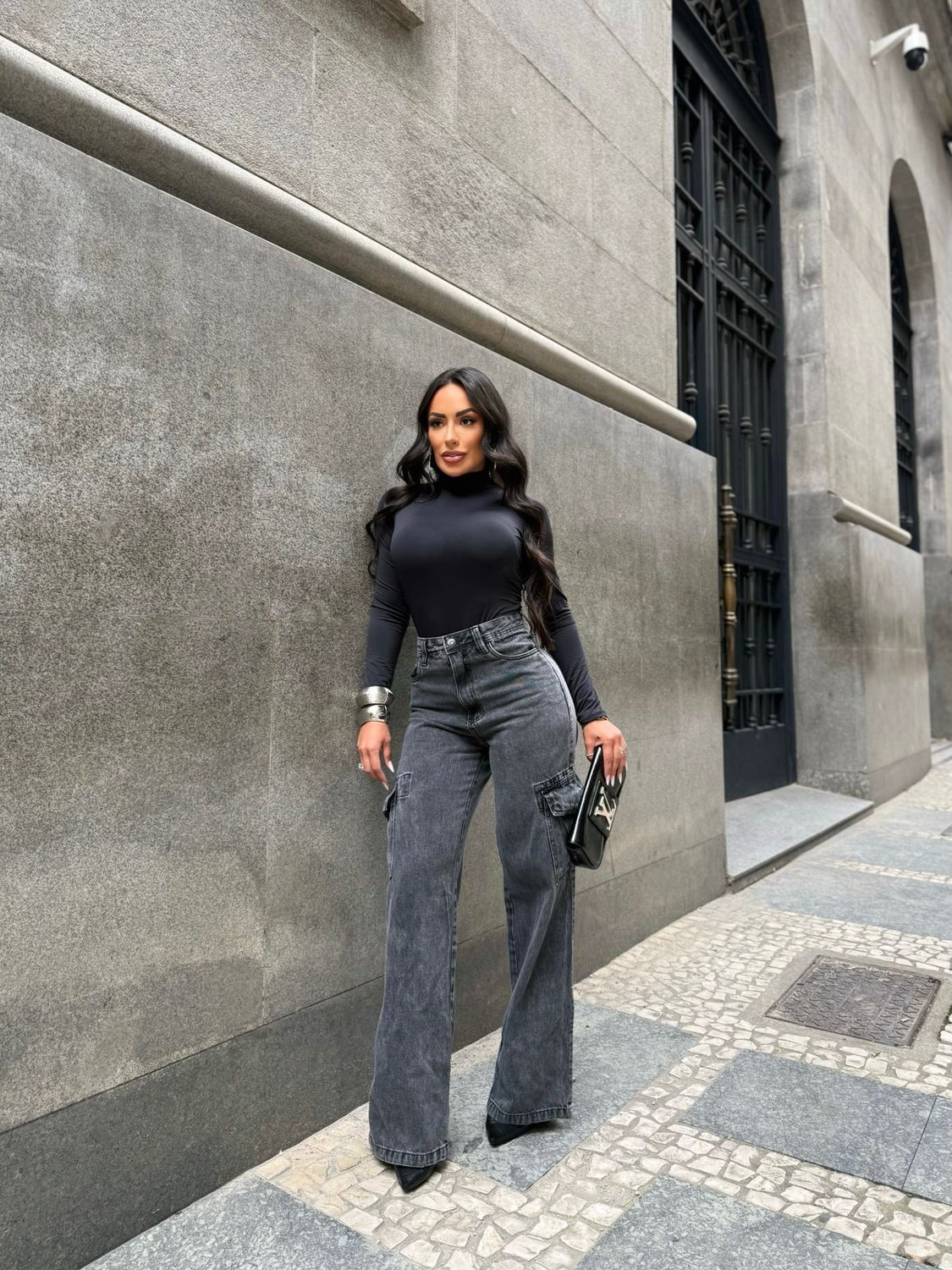 calça cargo preta jeans baggy