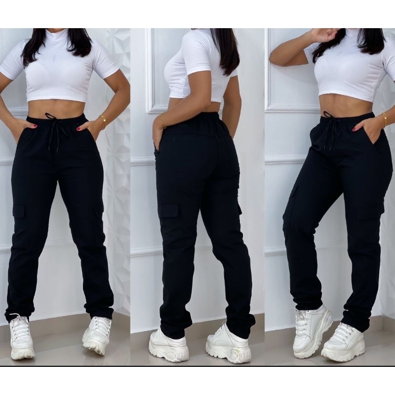 calça cargo preta jeans com bota