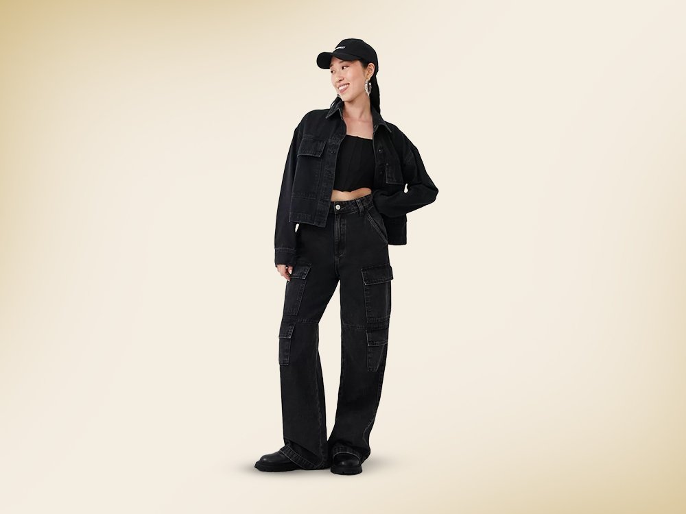calça cargo preta jeans wide leg