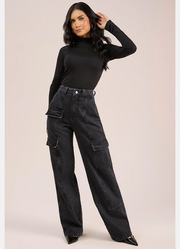 calça cargo preta jeans cintura alta