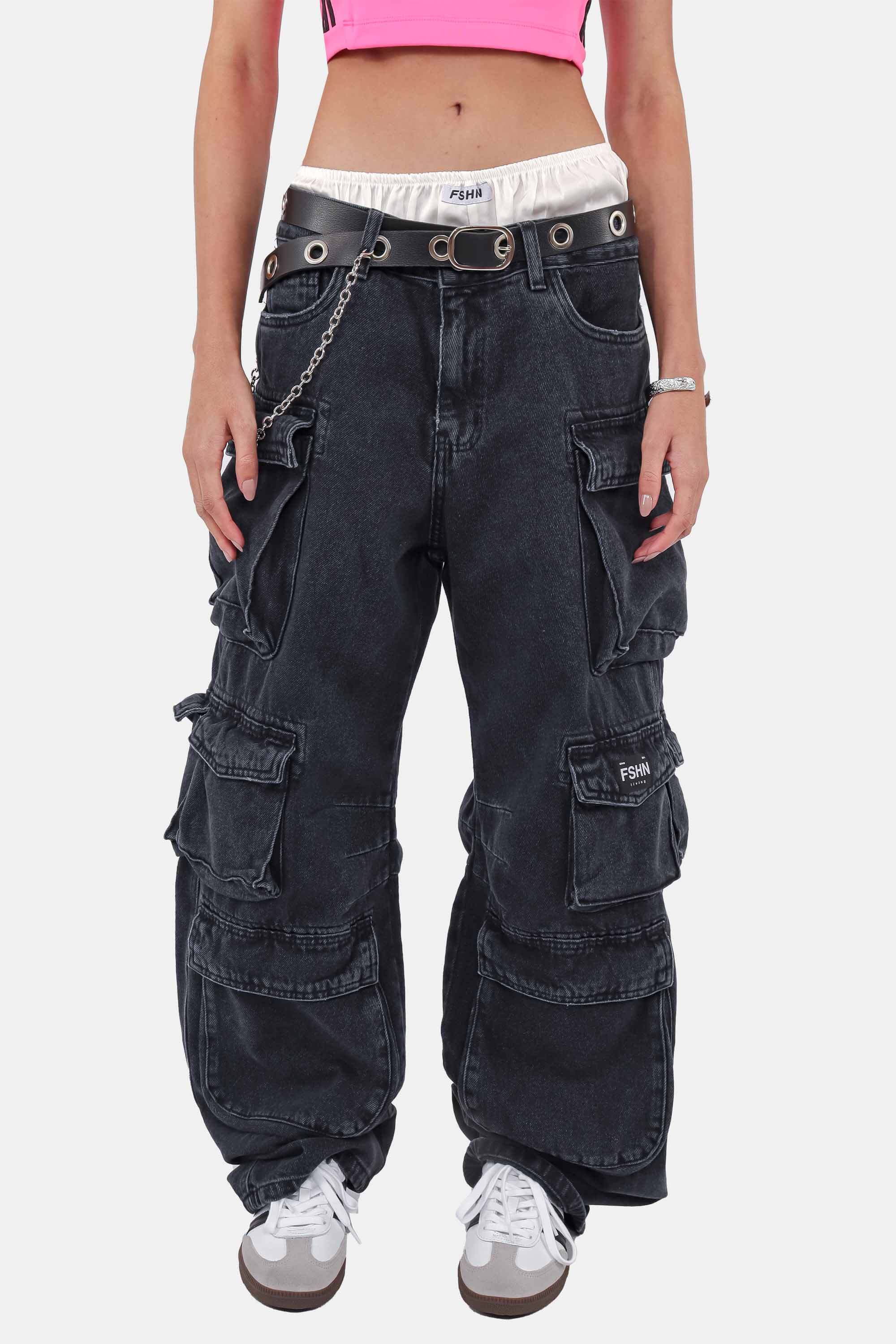 calça cargo preta jeans oversized