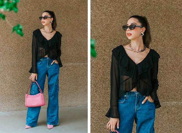 calça cargo preta jeans com jaqueta