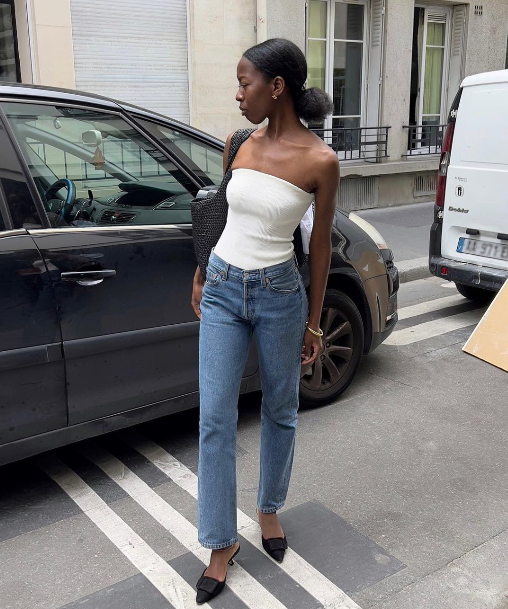 Calça jeans reta cintura alta