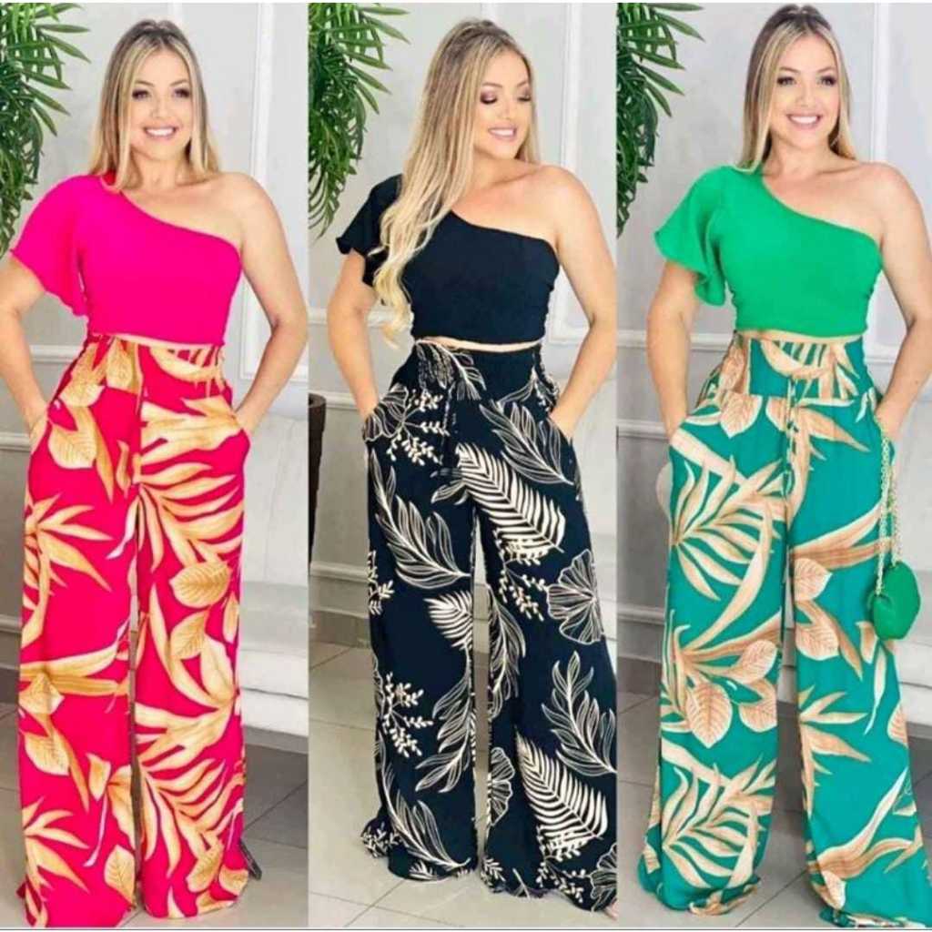 calça pantalona estampada crepe