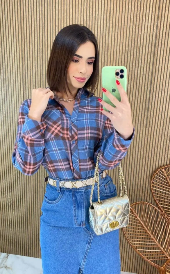 camisa xadrez feminina flanelada bege