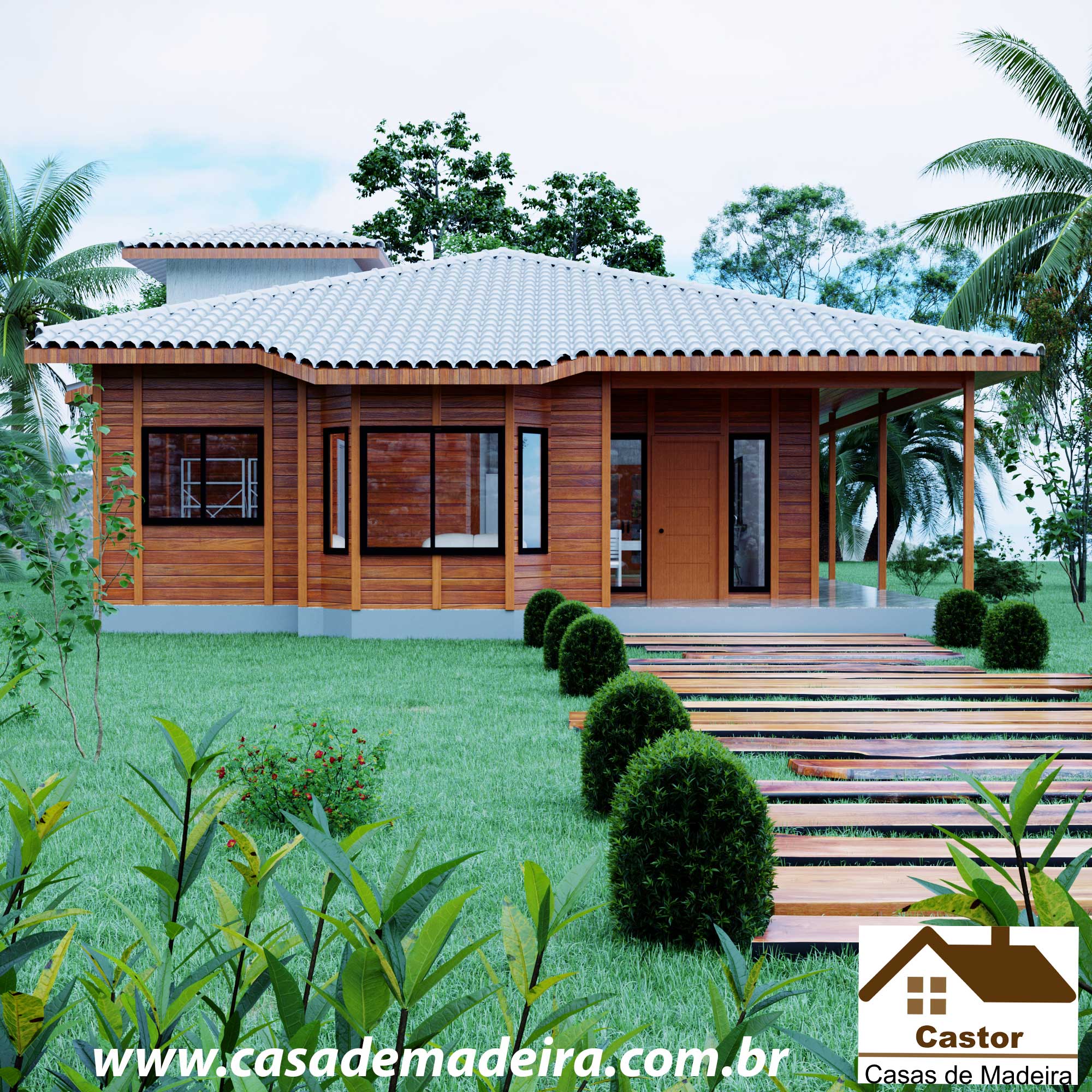 casa de madeira com varanda e piscina
