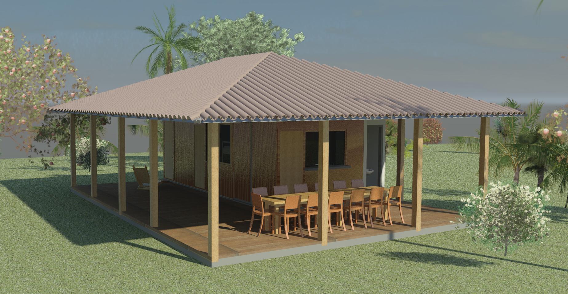 casa de madeira com varanda em L