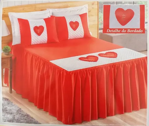colcha casal bordado 03 peças com babado varias cores