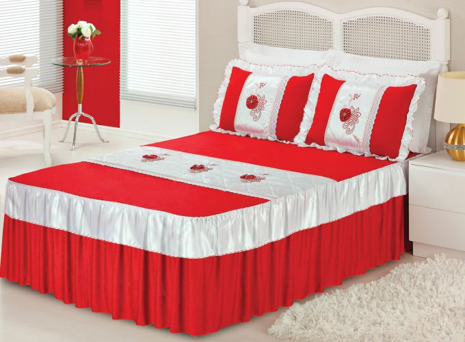 colcha casal bordado 03 peças com babado varias cores