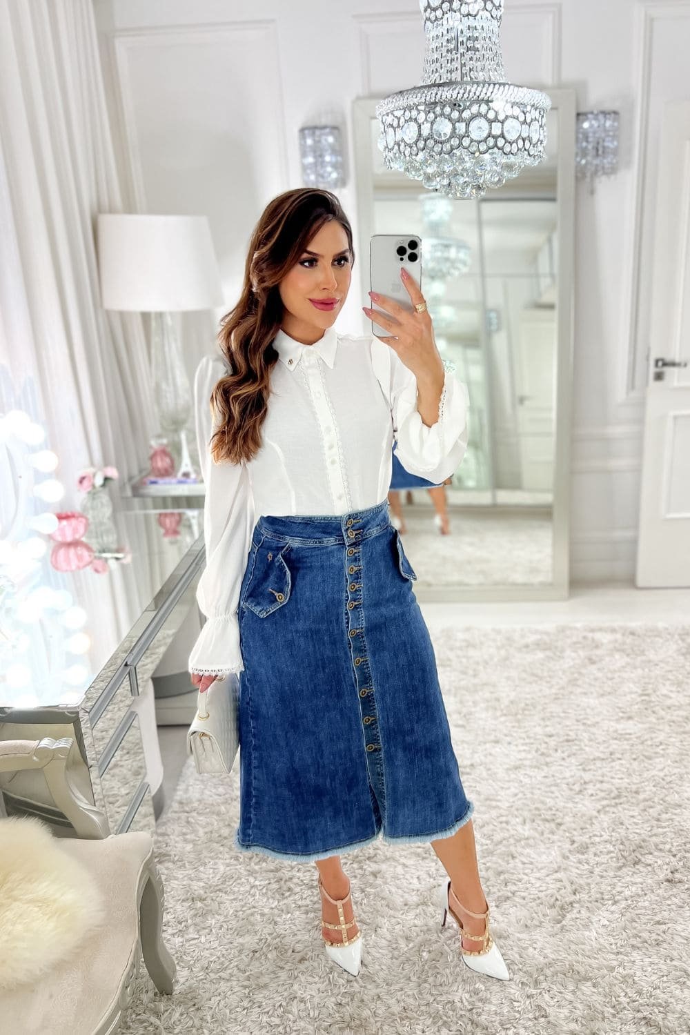 saia jeans cintura alta