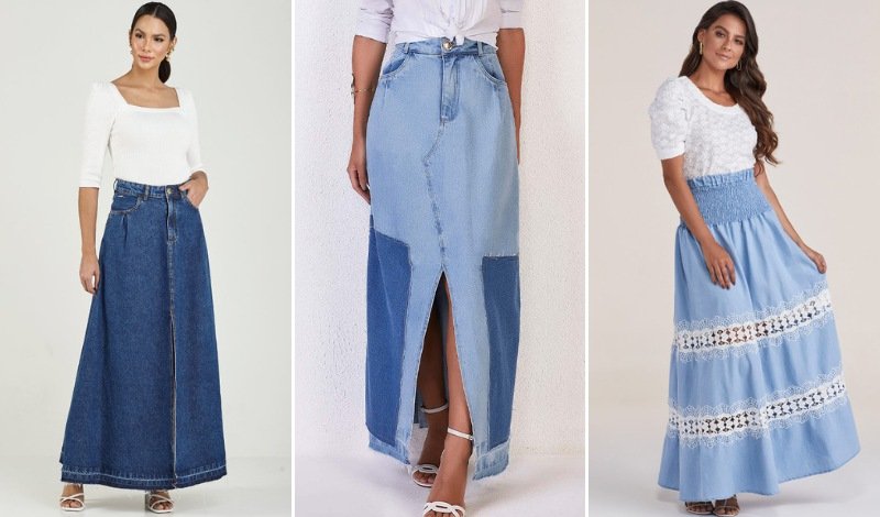 saia longa jeans ou calça jeans para show sertanejo