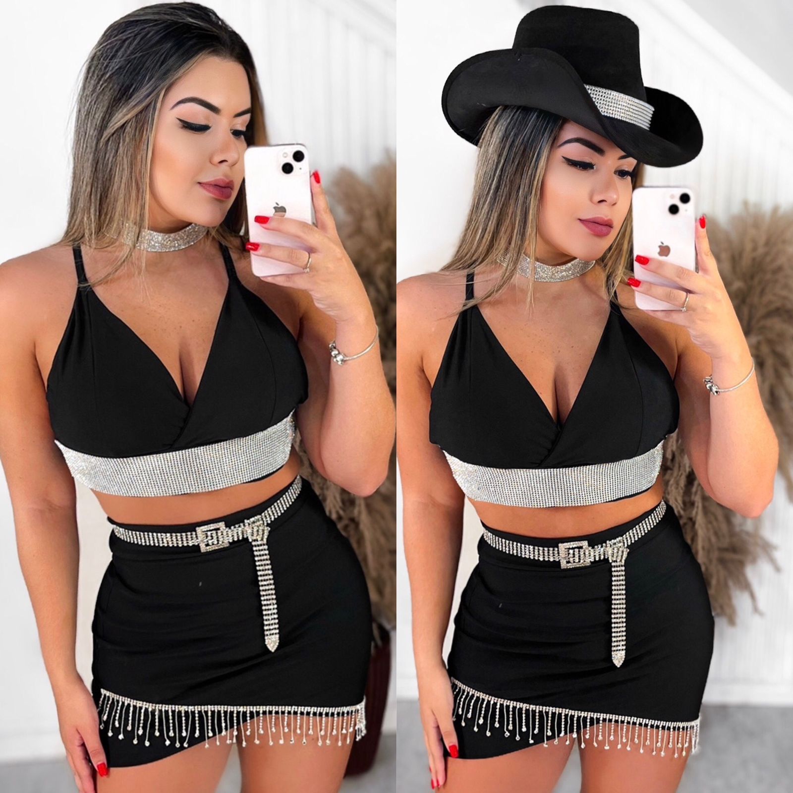 Conjunto cropped e saia de malha