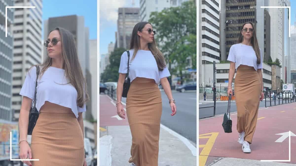 Conjunto cropped e saia longa