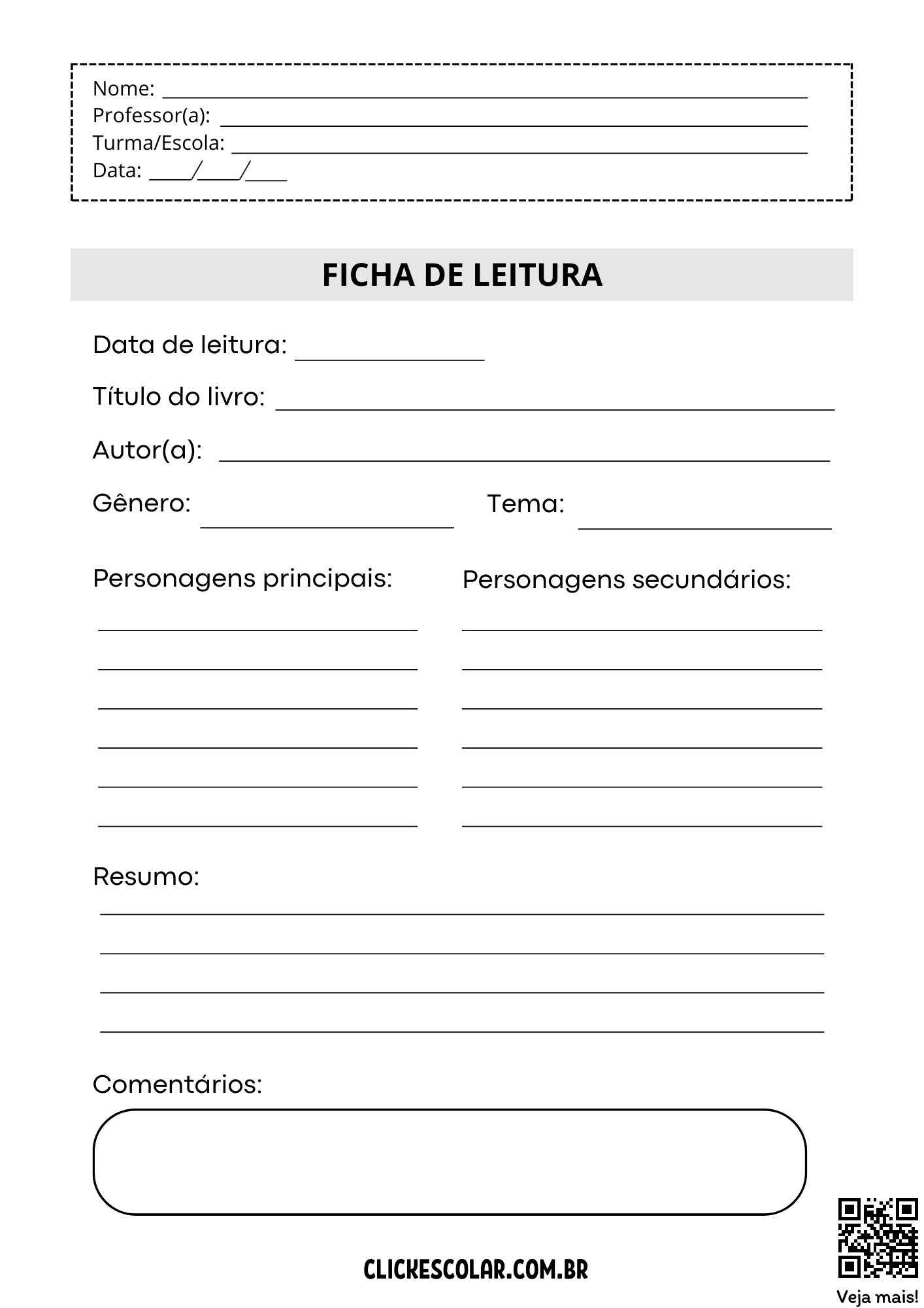 ficha de leitura para imprimir