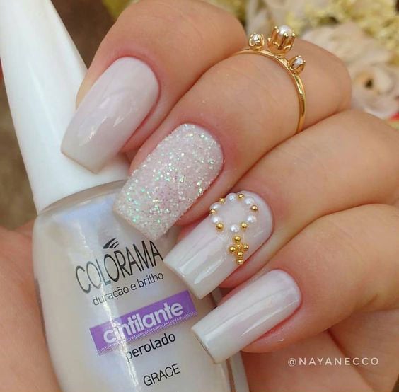 melhores ideias unhas brancas decoradas noiva