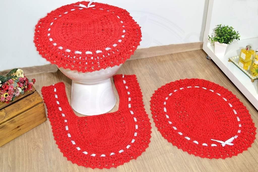 Jogo de banheiro de crochê vermelho e branco