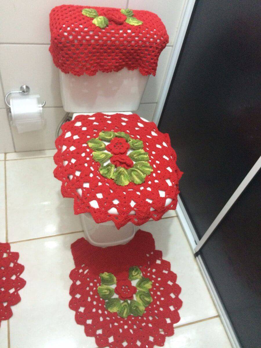 Jogo de banheiro de crochê vermelho 6 peças