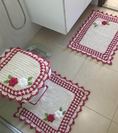 Jogo de banheiro de crochê vermelho econômico