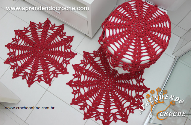 Jogo de banheiro de crochê vermelho e branco