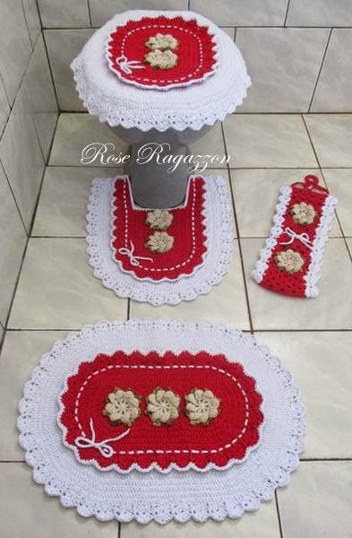 Jogo de banheiro de crochê vermelho com flores