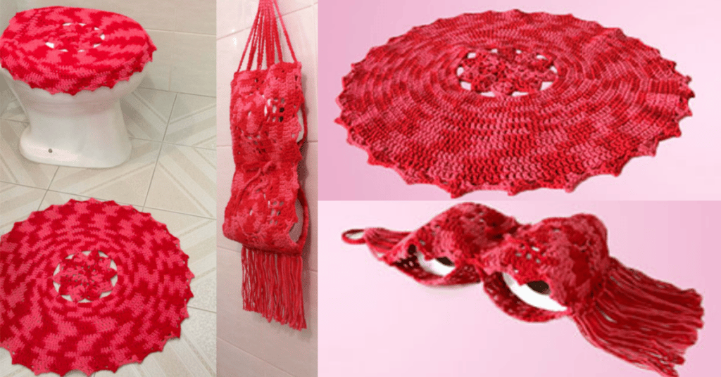 Jogo de banheiro de crochê vermelho com flores