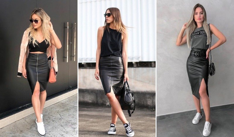 look saia de couro curta