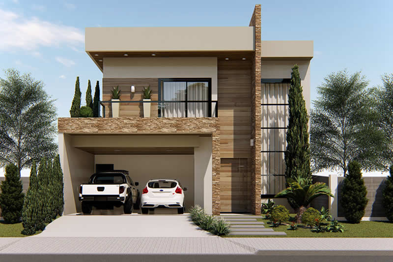 fachada de casa moderna com piscina