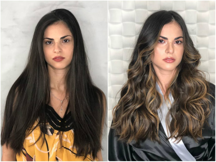 morena iluminada cabelo cacheado antes e depois