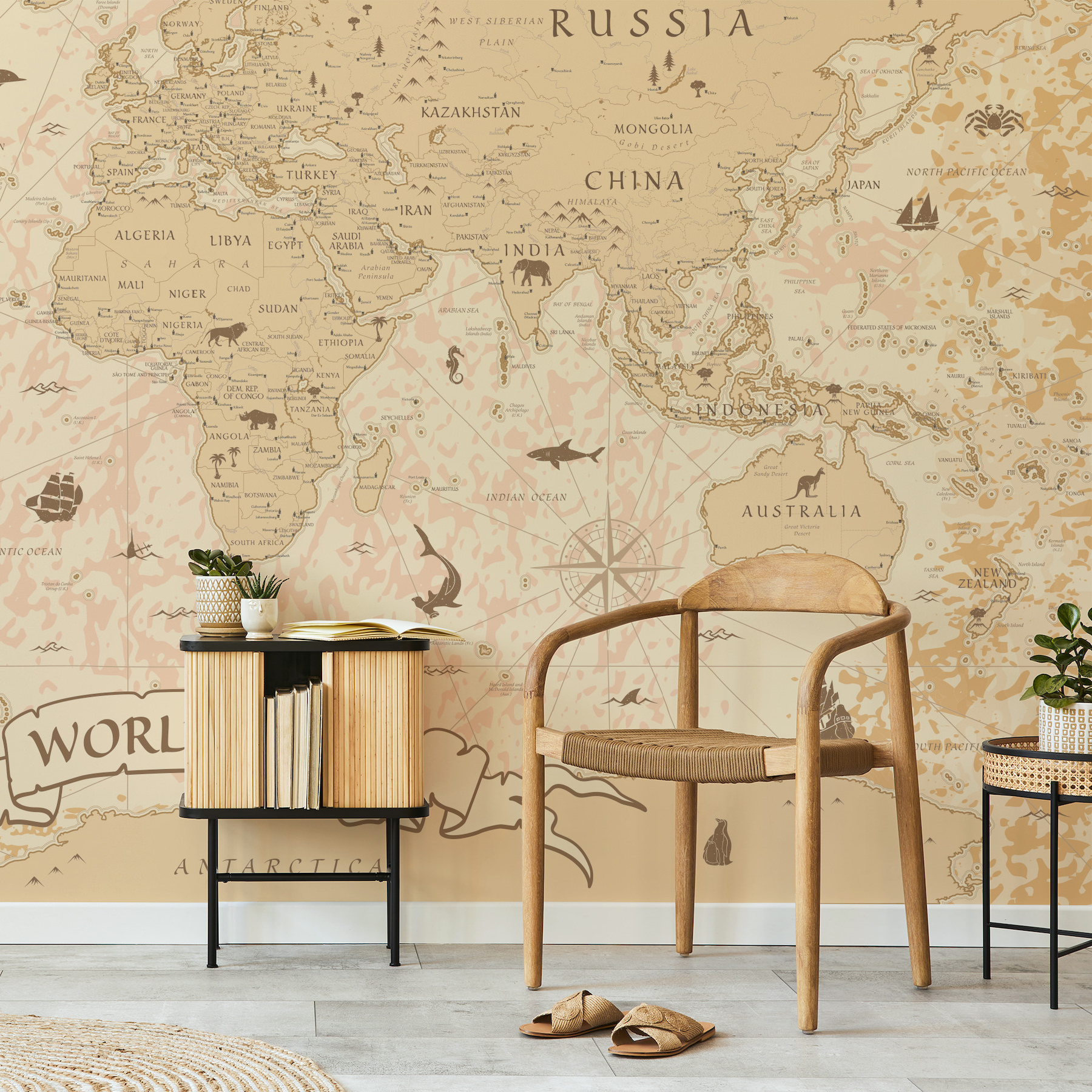 papel de parede mapa mundi em tons de sépia