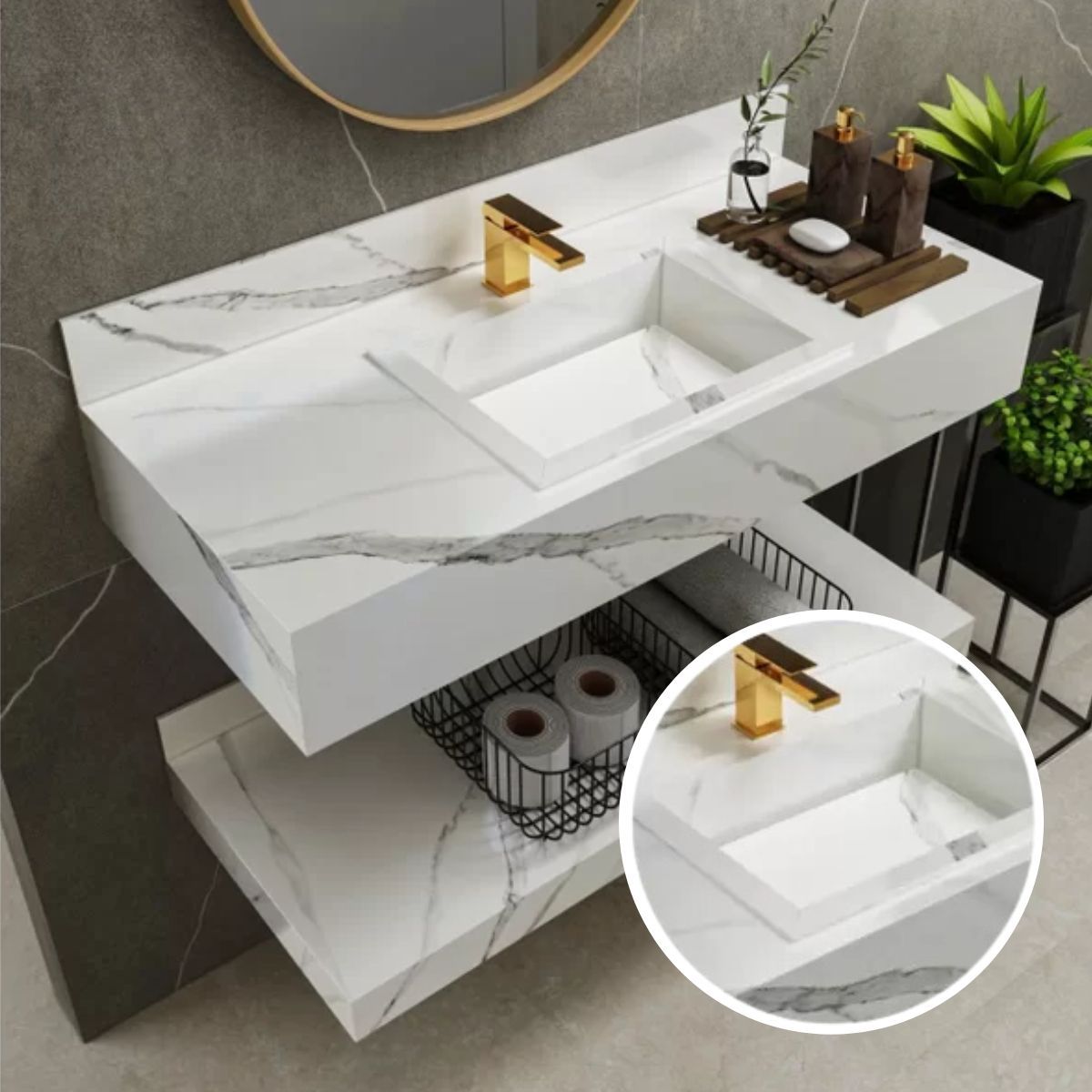 Pia de banheiro de porcelanato com cuba esculpida