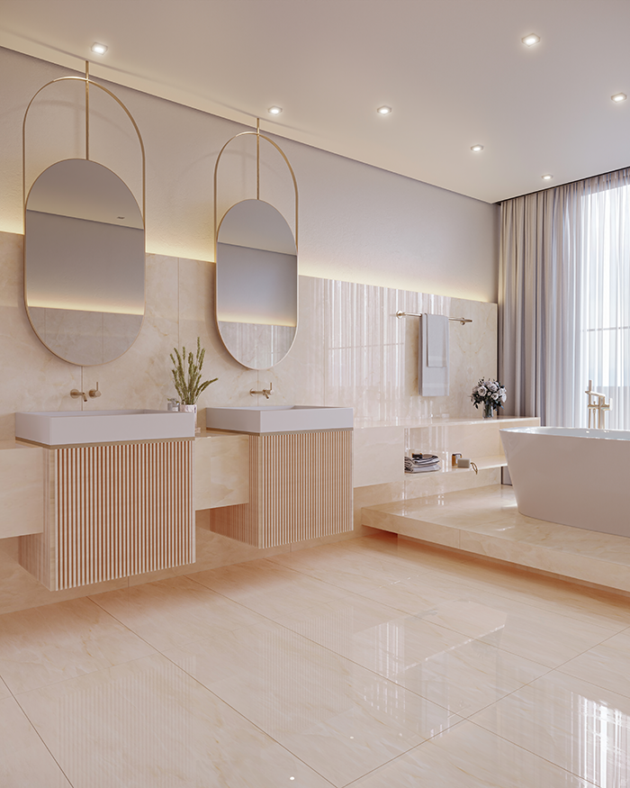 Pia de banheiro de porcelanato bege