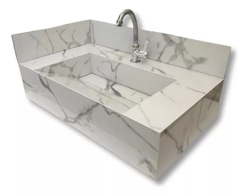Pia de banheiro em porcelanato estilo mármore Calacata