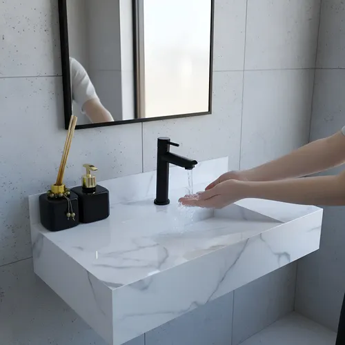 Pia de banheiro em porcelanato estilo Travertino