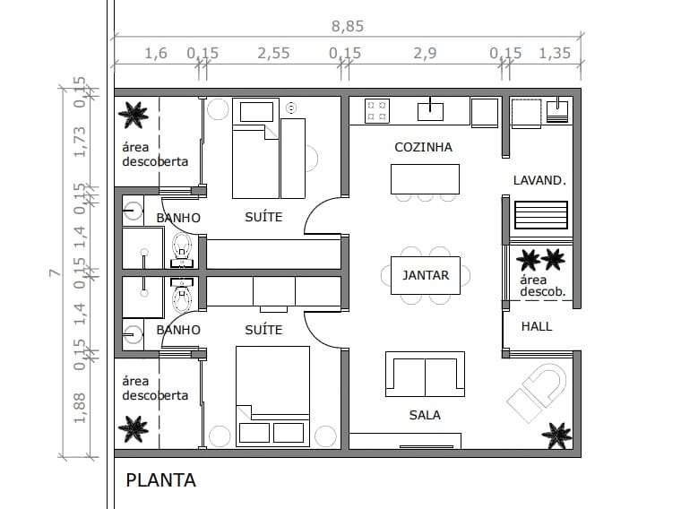 planta apartamento 2 quartos 35m2