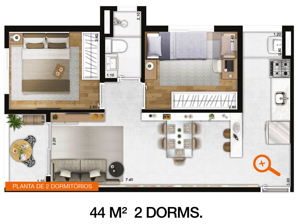 planta apartamento 2 quartos 70m2
