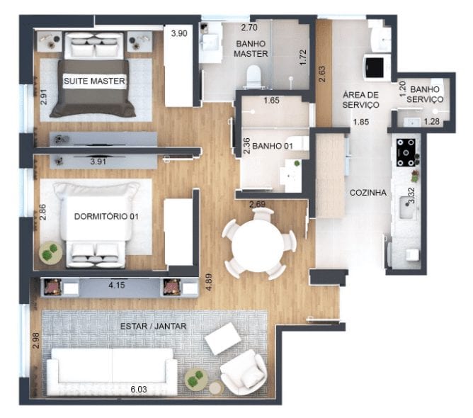 planta apartamento 2 quartos cozinha americana